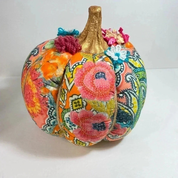 Mixed Fabric Pumpkin Gold Stem Bohemian Twine Flowers Orange Pink Teal 10 In. - Picture 3 of 11